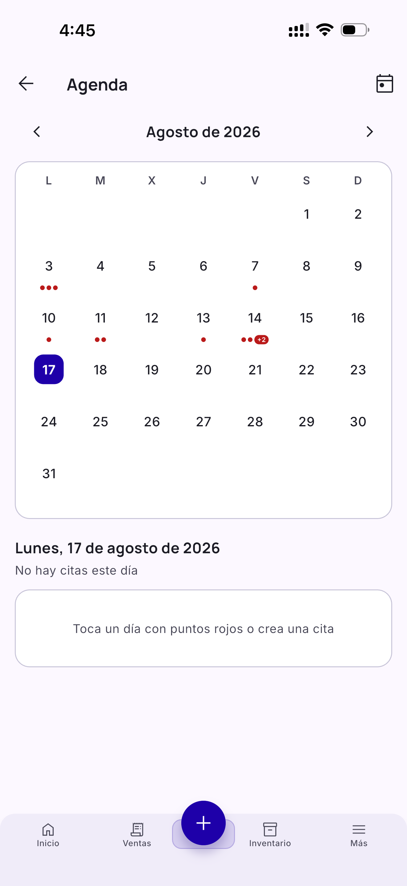 Pantalla de agenda dentro de Kioskoo Business: calendario del negocio con las citas del mes