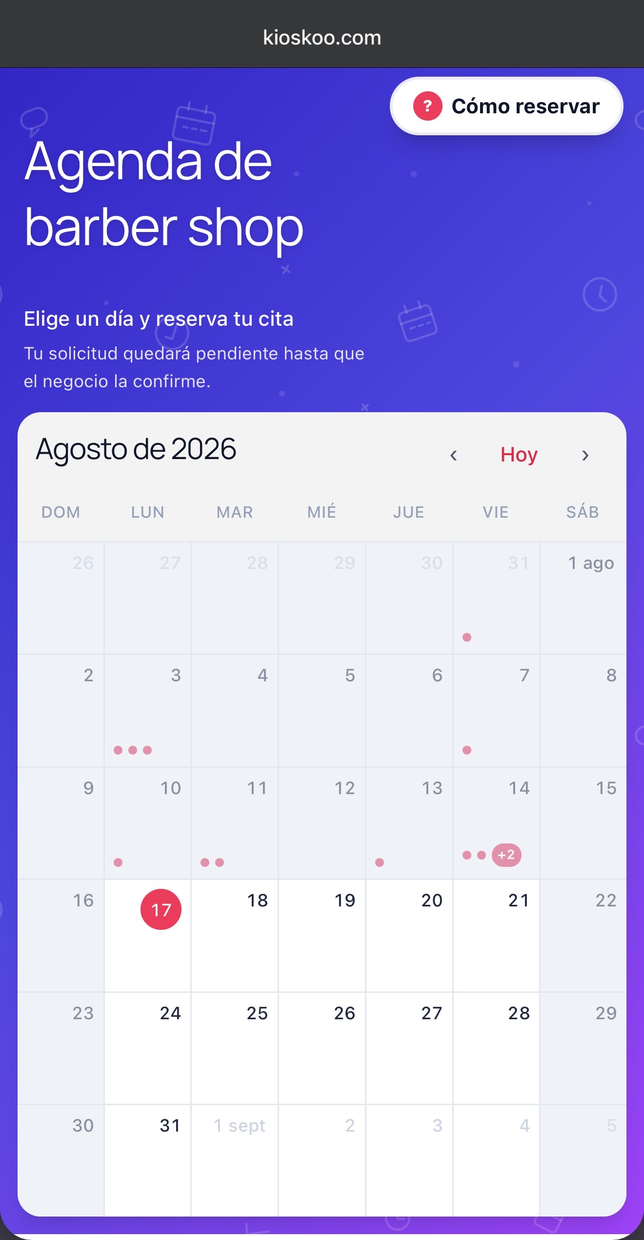Página pública de reservas de Kioskoo: el cliente elige el día y agenda su cita