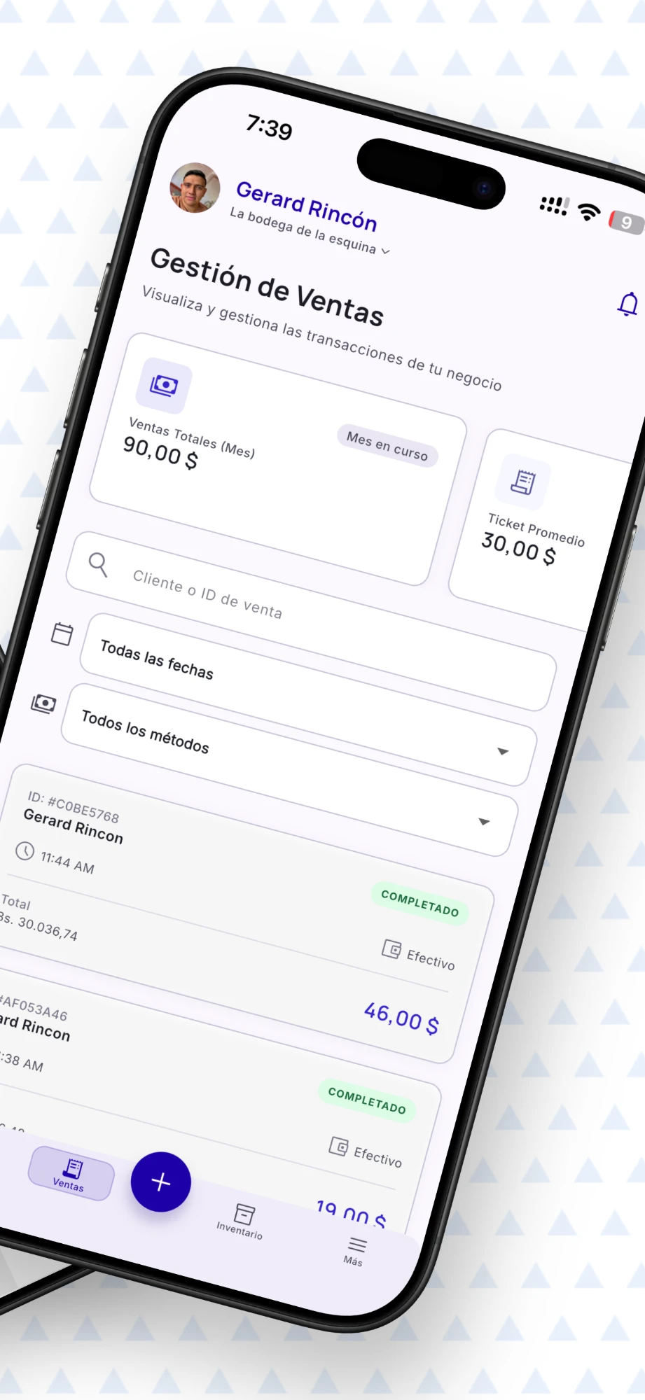 Pantalla de gestión de ventas de Kioskoo Business con el historial de transacciones