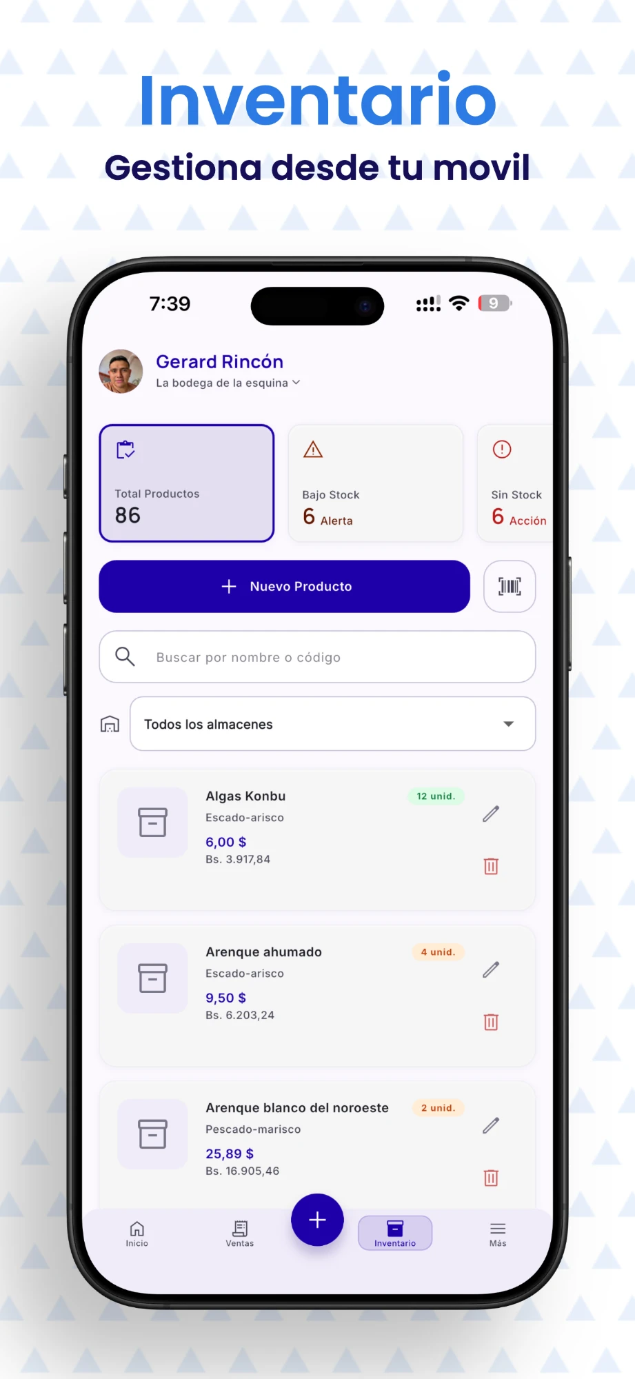Pantalla de gestión de inventario de Kioskoo Business desde el celular
