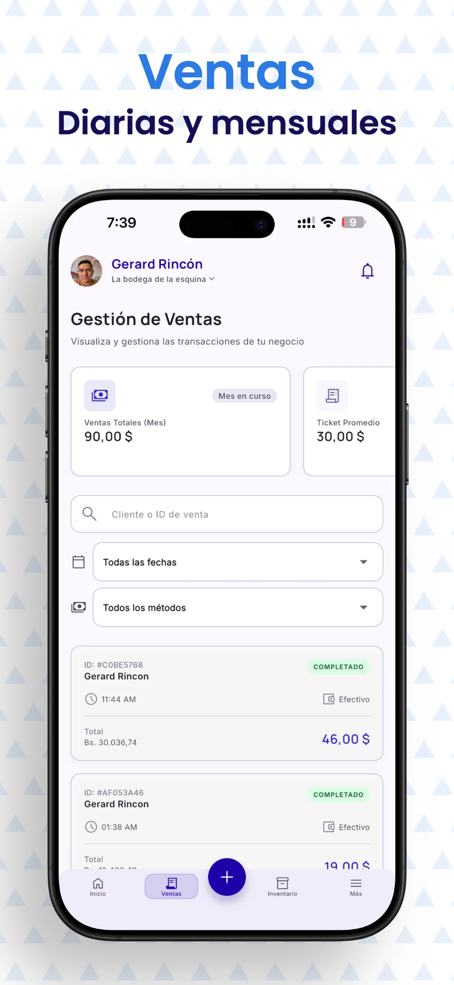 Pantalla de ventas diarias y mensuales de Kioskoo Business