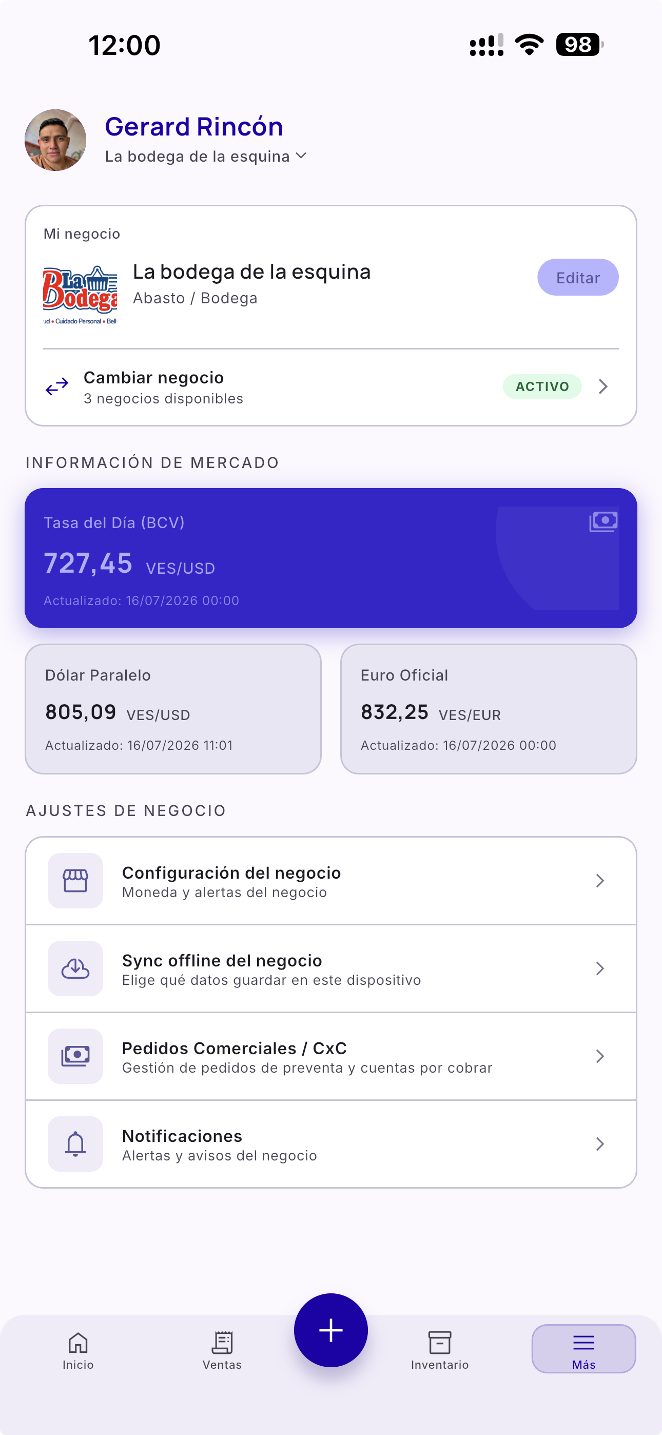 Pantalla Más de Kioskoo Business: negocio, tasa del día y ajustes