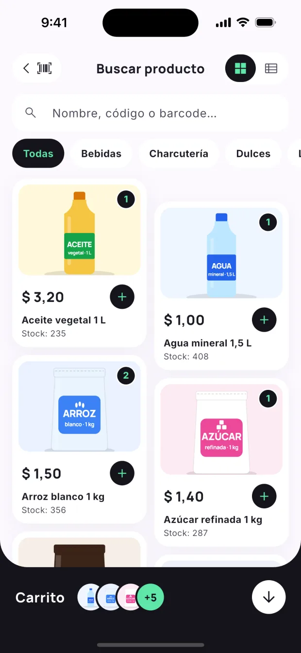 Pantalla de venta de Kioskoo Business: productos con foto y precio para tocar y agregar al carrito